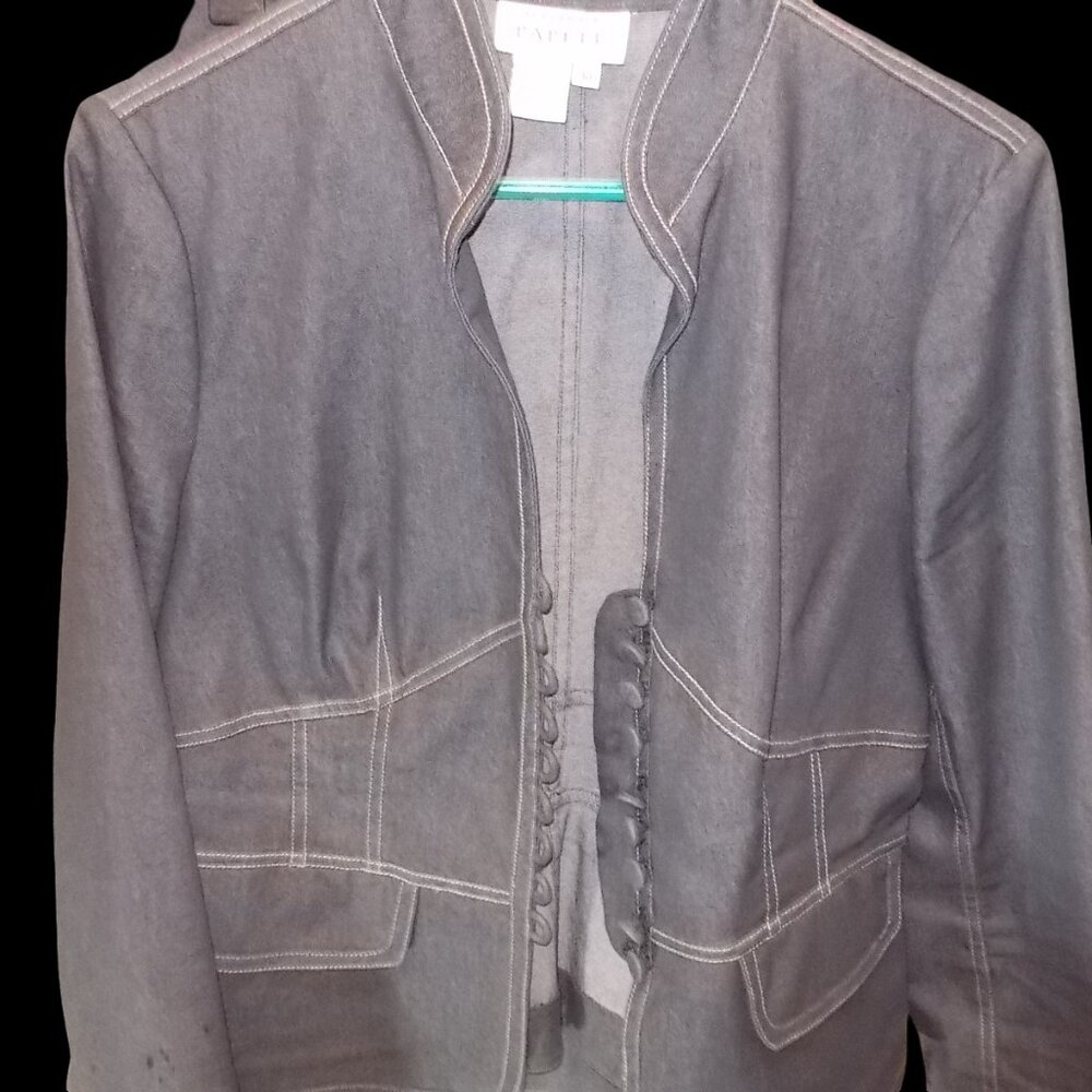 Adrianna Papell Gray Skirt Suit Set Size 10 White Topstitch Blazer Pencil Skirt